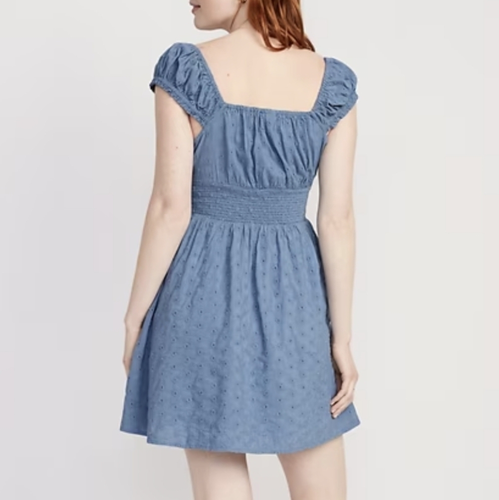 Old Navy Blue Embroidered Eyelet Waist-Defined Smocked Mini Dress - Picture 2 of 10
